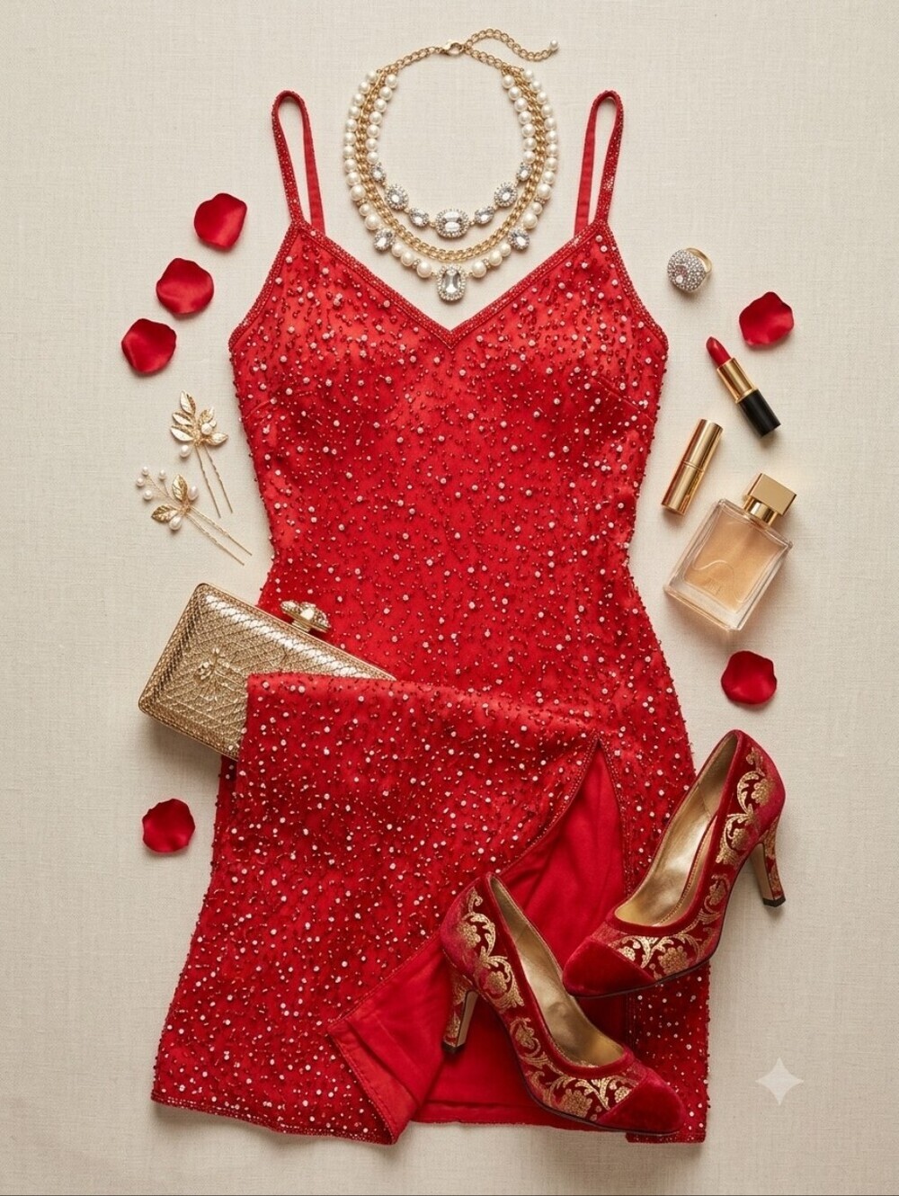Vintage 90s Scala Red Silk Beaded Floor Length Dress